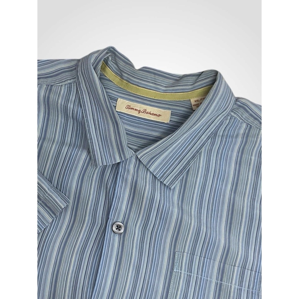 Tommy Bahama Mens Hawaiian Silk Camp Shirt‎ 2XL Blue Striped Short Sleeve